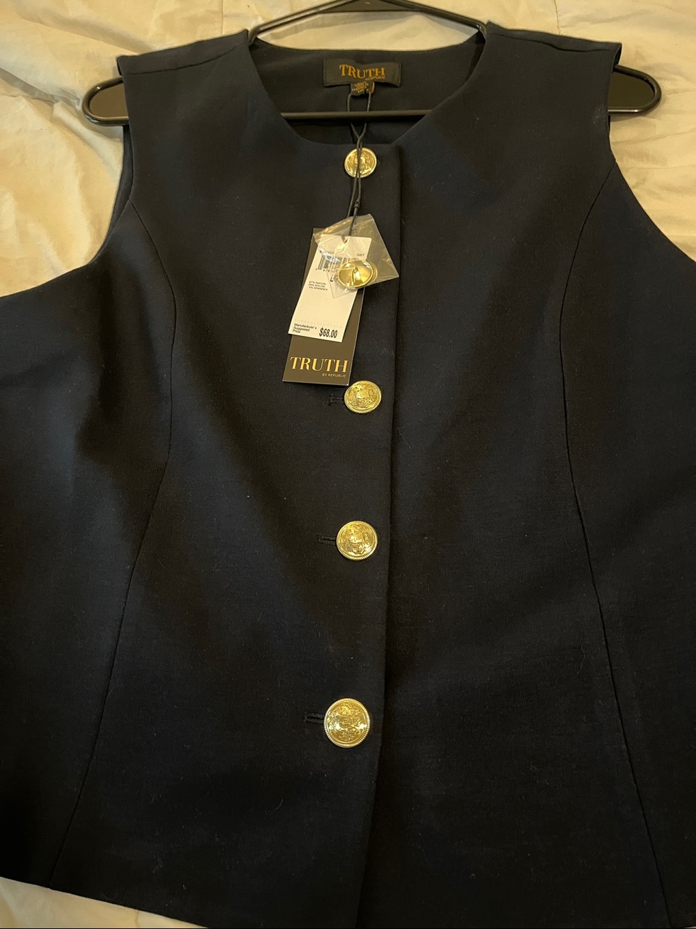 TRUTH Navy Sleeveless Button Front Vest with Gold Buttons
